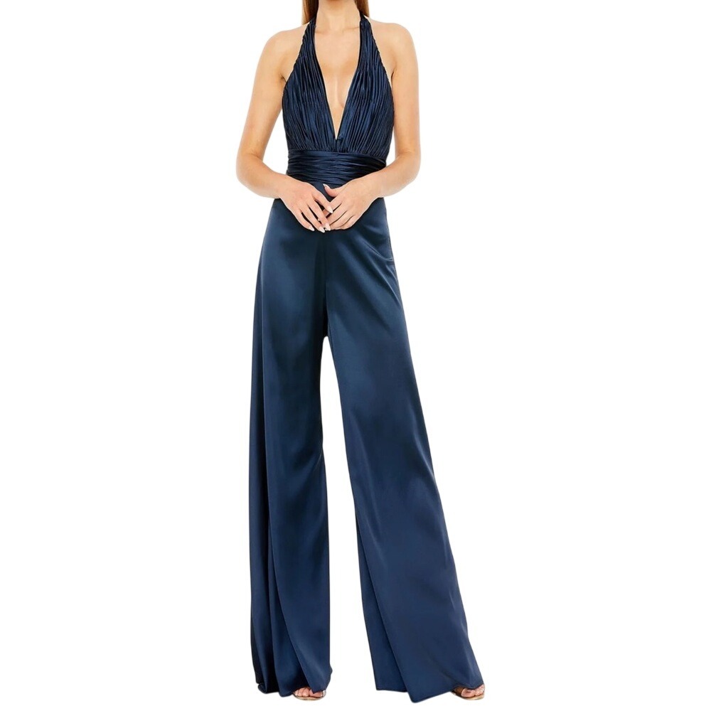 Mac Duggal Satin Halter Jumpsuit Deep V Wide Leg Navy Formal Size 2 NWT 49810